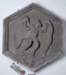 De kunst van het vliegen, Daedalus, zeshoekige decoratieve reliëftegel uit een serie die de beoefenaars van de kunsten en wetenschappen afbeeldt, mogelijk gebaseerd op ontwerpen van Giotto, ca. 1334-48